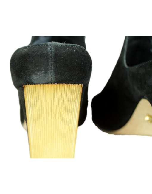 Donna Karan Suede Peep-Toe Mules heel closeup- eKlzoet Luxury Consignment