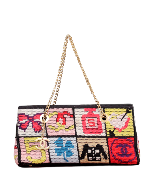 VINTAGE CHANEL NEEDLEPOINT LUCKY CHARMS PATCHWORK SHOULDER BAG - eKlozet Luxury Consignment Front